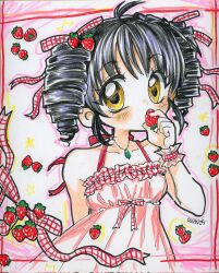 1girl 2000s_(style) ahoge black_hair blush breasts commentary corrupted_twitter_file crayon_(medium) dress drill_hair english_commentary food food-themed_hair_ornament fruit full_moon_wo_sagashite hair_ornament highres holding holding_food jewelry kouyama_mitsuki looking_at_viewer medium_hair necklace oceaninspace pendant ribbon sleeveless sleeveless_dress small_breasts solo strawberry strawberry_hair_ornament traditional_media twin_drills upper_body yellow_eyes
