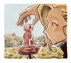 2girls 79x_(ox79xo) blonde_hair border closed_eyes closed_mouth dress flower forehead_protector grass haruno_sakura highres holding holding_flower looking_back multiple_girls naruto_(classic) naruto_(series) on_grass pink_hair red_dress short_hair short_sleeves white_border yamanaka_ino