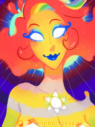 Rule 34 | 1girl, @ohnoitspheo, breasts, disembodied hand, divine entity, green hair, halo, highres, kino amos (@ohnoitspheo), large breasts, mature female, multicolored hair, orange hair, original, portrait, rainbow skin, red hair, sun print, thick lips, white eyes