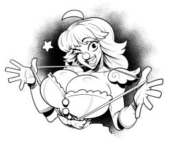 Rule 34 | 1girl, ace attorney, breasts, cleavage, clown, geiru toneido, greyscale, groove1121, happy, highres, large breasts, looking at viewer, monochrome, one eye closed, open hands, open mouth, simple background, suspenders, suspenders pull, upper body