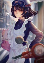 1girl 569771181 apron black_hair brown_hair city closed_mouth frown goggles goggles_on_head goggles_on_headwear hand_on_own_hip helmet highres motor_vehicle motorcycle_helmet nonaka_haru scooter vespa yesterday_wo_utatte