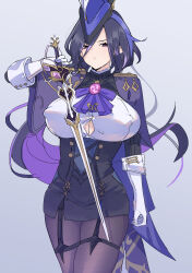 Rule 34 | 1girl, absurdres, ascot, black corset, black garter straps, black pantyhose, black skirt, blue ascot, blue capelet, blue hair, breasts, button gap, capelet, clorinde (genshin impact), collar, corset, covered erect nipples, curvy, epaulettes, floating hair, framed breasts, frilled shirt collar, frills, garter straps, genshin impact, gloves, hair between eyes, hat, hat feather, highres, holding, holding sword, holding weapon, huge breasts, jewelry, long hair, miniskirt, pantyhose, pencil skirt, purple eyes, shirt, simple background, skindentation, skirt, solo, standing, sword, thigh strap, tricorne, underbust, vision (genshin impact), vxfm8532, weapon, white background, white gloves, white shirt