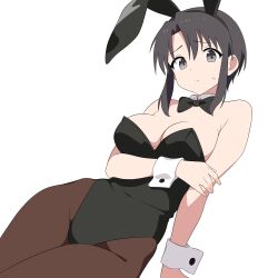 1girl 64vii absurdres alternate_costume animal_ear_hairband animal_ears azumanga_daiou bare_shoulders black_eyes black_hair black_leotard blush bow bowtie breasts closed_mouth commentary detached_collar fake_animal_ears hairband highres kurosawa_minamo leotard looking_at_viewer medium_breasts nervous_sweating pantyhose playboy_bunny rabbit_ear_hairband rabbit_ears rabbit_tail solo strapless strapless_leotard sweat tail traditional_bowtie white_background white_wrist_cuffs wrist_cuffs
