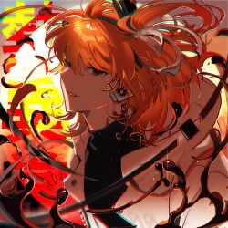 Rule 34 | 1girl, a.i. voice, abstract background, adachi rei, alternate eye color, backlighting, black eyes, black liquid, black shirt, chromatic aberration, circle, commentary request, floating hair, floating liquid, from side, glowing, glowing eyes, gradient background, hair ribbon, half-closed eyes, headphones, highres, hood, hood down, hooded jacket, jacket, light particles, looking at viewer, looking to the side, medium hair, netsu ijou (utau), one side up, open clothes, open jacket, orange hair, parted lips, pu lu shi, radio antenna, red pupils, ribbon, shirt, solo, subdermal port, translation request, turtleneck, turtleneck shirt, upper body, utau, white jacket, white ribbon