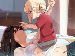 2girls aged_down black_hair blonde_hair blurry blurry_background bra breasts child closed_mouth commentary_request eye_contact finger_gun from_side funi_mu9 grey_shorts groin hair_between_eyes hair_ribbon holding_ruler indoors inoue_takina long_hair looking_at_another lycoris_recoil lying midriff multiple_girls navel nishikigi_chisato on_back on_bed one_side_up partial_commentary purple_bra purple_eyes red_eyes red_ribbon red_shirt ribbon shirt short_hair short_sleeves shorts sidelocks small_breasts underwear white_shirt