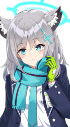 1girl animal_ear_fluff animal_ears black_jacket blazer blue_archive blue_eyes blue_halo blue_necktie blue_scarf blush cross cross_hair_ornament extra_ears gloves green_gloves grey_hair hair_ornament halo highres inverted_cross jacket kuroganeruto looking_at_viewer medium_hair necktie scarf shiroko_(blue_archive) shirt simple_background solo upper_body white_background white_shirt wolf_ears
