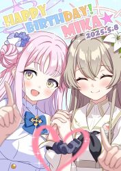 Rule 34 | 2girls, black neckerchief, blue archive, blue bow, blue bowtie, blush, bow, bowtie, brown hair, closed eyes, commentary request, dress, facing viewer, flower, gesupi (provlemsolver57), hair bun, hair flower, hair ornament, halo, happy birthday, heart, highres, holding hands, interlocked fingers, long hair, long sleeves, looking at viewer, mika (blue archive), multiple girls, nagisa (blue archive), neckerchief, open mouth, pink hair, pink halo, pointing, sailor collar, scrunchie, smile, upper body, white dress, wrist scrunchie, yellow eyes