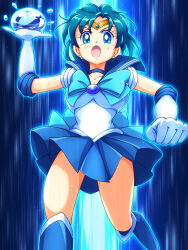 1girl attack bishoujo_senshi_sailor_moon blue_background blue_choker blue_eyes blue_footwear blue_hair blue_sailor_collar blue_skirt boots choker commentary elbow_gloves gloves highres magical_girl mimimix miniskirt mizuno_ami pleated_skirt sailor_collar sailor_mercury sailor_senshi_uniform short_hair skirt tiara white_gloves