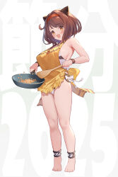 1girl 2025 anklet apron barefoot breasts brown_eyes brown_hair dated fang granblue_fantasy hairband highres huge_breasts jewelry medium_hair oppai_loli smile solo swept_bangs u-suke_(supertie) yaia_(granblue_fantasy)