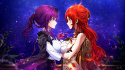 2girls bare_shoulders black_jacket breast_press commentary dress english_commentary eye_contact gloves himeko_(honkai:_star_rail) honkai:_star_rail honkai_(series) jacket kafka_(honkai:_star_rail) kate-fox long_hair looking_at_another multiple_girls orange_eyes purple_eyes purple_gloves purple_hair red_hair shirt sidelocks sleeveless sleeveless_dress smile symmetrical_docking upper_body very_long_hair white_dress white_shirt