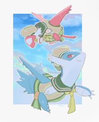 blue_sky bow claws closed_mouth clothed_pokemon cloud day dragon flying gen_3_pokemon hat highres latias latios legendary_pokemon neckerchief nintendo no_humans outdoors pokemon pokemon_(creature) ppoppy red_eyes shirt sky smile wings yellow_eyes yellow_neckerchief