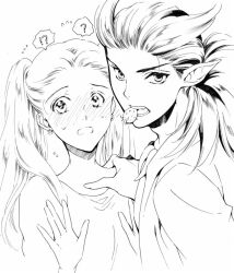 Rule 34 | !?, 1boy, 1girl, ?, bigeroo (shangmerry), blush, commentary request, couple, dragon quest, dragon quest builders 2, earrings, fang, female builder (dqb2), flying sweatdrops, food, food in mouth, fruit, hair horns, hair pulled back, hand on another&#039;s shoulder, hatching (texture), hetero, hoop earrings, jewelry, looking at viewer, looking to the side, low ponytail, monochrome, necklace, open clothes, open mouth, open shirt, pointy ears, ponytail, shirt, sidoh (dqb2), sketch, spiked hair, strawberry, tooth necklace, twintails, upper body