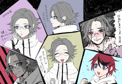 2boys aotsuki_eito blue_eyes blush closed_eyes dated drawstring glasses grey_hair jacket male_focus multicolored_hair multiple_boys multiple_views red_hair seiran_yoroz short_hair smile streaked_hair sumino_takumi sweat teeth the_hundred_line_-last_defense_academy- white_jacket