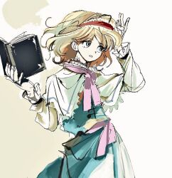1girl 6osquet alice_margatroid blonde_hair blue_dress blue_eyes book capelet dress grimoire_of_alice hairband hand_up holding holding_book lolita_hairband long_sleeves medium_hair open_mouth solo teeth touhou white_capelet white_sleeves