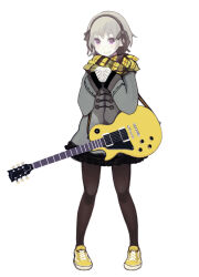 1girl steamed_bun commentary_request eating electric_guitar food full_body gibson_les_paul grey_hair guitar hairband himao instrument jacket original pantyhose purple_eyes scarf shoes short_hair simple_background skirt smile sneakers solo white_background