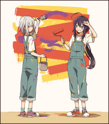 10s 2boys ahoge black_border black_hair border honebami_toushirou male_focus matsuki_(mikipingpong) multiple_boys namazuo_toushirou overalls paint paint_can paint_roller paint_splatter paint_splatter_on_face paintbrush ponytail purple_eyes simple_background smile striped_background touken_ranbu white_hair