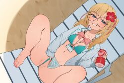 1girl absurdres artificial_vagina barefoot beach_chair bikini blonde_hair blue_bikini blue_eyes blush bonnou_peace bow breasts collarbone commentary_request commission flower frontal_wedgie glasses grin hair_flower hair_ornament highres id_card jacket long_sleeves looking_at_viewer m_legs medium_hair navel open_clothes open_jacket original pink_bow pink_nails pink_ribbon pussy pussy_juice pussy_peek ribbon sand sex_toy sidelocks skeb_commission small_breasts smile solo spread_legs swimsuit tenga twintails wedgie white_jacket
