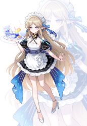 1girl absurdres alternate_costume bare_shoulders black_dress blue_bow blush bow breasts cake cake_slice cartethyia_(wuthering_waves) cleavage closed_mouth commentary cup dress drinking_glass earrings enmaided food fruit hair_bow high_heels highres holding holding_plate ice_cream jewelry kyundoo large_breasts looking_at_viewer maid maid_headdress multiple_views orange_(fruit) orange_slice parted_bangs plate pointy_ears shoes smile solo sundae tacet_mark_(wuthering_waves) white_shoes wuthering_waves zoom_layer