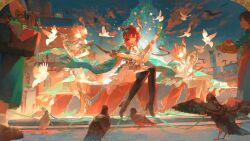 1girl bare_shoulders bird black_boots boots ciaccona_(wuthering_waves) commentary dress full_body high_heel_boots high_heels highres holding holding_instrument instrument long_hair nokoya red_hair short_sleeves sitting smile solo thigh_boots wuthering_waves