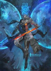 1girl armor armored_skirt artist_name black_hair blue_robe blue_surcoat commentary elden_ring elden_ring:_shadow_of_the_erdtree english_commentary fake_horns flaming_sword flaming_weapon full_armor helm helmet highres holding holding_sword holding_weapon horned_helmet horns knight long_hair moon night night_sky ponytail rellana_twin_moon_knight robe shimhaq sky sword very_long_hair weapon