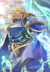 1boy animal_ears another_eidos-r armor cape closed_mouth commentary_request equus_(another_eidos) from_below furry furry_male highres horse_boy horse_ears kukku_kuu looking_to_the_side male_focus mane purple_cape smile water