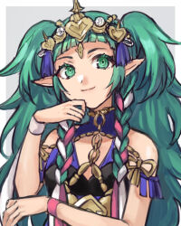 1girl bare_shoulders black_dress border closed_mouth commentary_request dress fire_emblem fire_emblem:_three_houses green_eyes green_hair grey_background hazuki_(nyorosuke) long_hair looking_at_viewer nintendo outside_border pointy_ears purple_dress simple_background sleeveless sleeveless_dress smile solo sothis_(fire_emblem) two-tone_dress two_side_up very_long_hair white_border