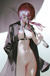 Rule 34 | 1girl, black coat, black umbrella, breasts, censored, chromatic aberration, coat, commentary, cowboy shot, english commentary, glasses, hair between eyes, hand in pocket, highres, holding, holding umbrella, honkai: star rail, honkai (series), iumu, kafka (honkai: star rail), large breasts, looking at viewer, looking over eyewear, low ponytail, mosaic censoring, navel, navel piercing, nipples, nude, open clothes, open coat, paid reward available, piercing, pince-nez, ponytail, purple eyes, purple hair, pussy, solo, standing, stomach, umbrella