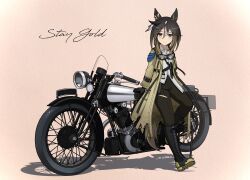 1girl absurdres animal_ears black_boots black_hair black_pants boots brough_superior brown_eyes brown_hair character_name coat dagger ear_covers goggles goggles_around_neck gradient_hair hair_between_eyes hermes_(kino_no_tabi) highres horse_ears horse_girl kano_(nakanotakahiro1029) kino_no_tabi knife lace-up_boots looking_at_viewer motor_vehicle motorcycle multicolored_hair pants pink_background sheath sheathed shirt simple_background stay_gold_(umamusume) streaked_hair torn_clothes torn_coat torn_pants umamusume vehicle_focus weapon white_shirt yellow_coat