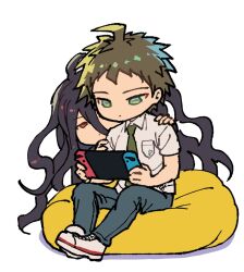 Rule 34 | 2boys, ahoge, black hair, black pants, breast pocket, brown hair, collared shirt, danganronpa (series), danganronpa 2: goodbye despair, green eyes, green necktie, hair between eyes, handheld game console, highres, hinata hajime, holding, holding handheld game console, kamukura izuru, long hair, multiple boys, necktie, nintendo switch, pants, pocket, red eyes, shirt, shoes, short hair, short sleeves, sitting, white shirt, white shoes, youko-shima