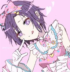 antenna_hair collar finger_to_cheek gloves hair_ornament hair_ribbon heart idolmaster idolmaster_(classic) idolmaster_starlit_season kikuchi_makoto light_blush parted_bangs pink_background pink_ribbon purple_eyes ribbon sakuya_(mktgsk0099) simple_background tongue tongue_out twitter_username white_collar white_gloves