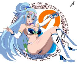 1girl absurdres amamiya_sora aqua_(konosuba) ass bikini blue_eyes blue_hair blush boots breasts detached_sleeves faye_mata glasses highres indexryo knee_boots kono_subarashii_sekai_ni_shukufuku_wo! large_breasts long_hair necktie pepsi shinkuukan_(tetsuo3) smile swimsuit swordsealocust voice_actor_connection white_boots