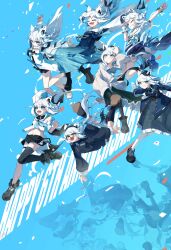 6+girls absurdres ahoge animal_ear_fluff animal_ear_piercing animal_ears aqua_eyes aqua_sash ascot asymmetrical_sleeves bare_shoulders beret black_dress black_footwear black_hairband black_headband black_shorts black_tail black_thighhighs blue_ascot blue_background blue_corset blue_flower blue_hakama blue_jacket blue_neckerchief blue_rose bow bow_skirt braid braided_ponytail corset crinoline crossed_bangs detached_sleeves dog_tags double-parted_bangs dress earrings everyone extra_ears flower fox_ears fox_girl fox_tail front_slit fur-trimmed_jacket fur_trim glasses gloves gradient_clothes gradient_kimono hair_between_eyes hair_ornament hairband hakama hakama_skirt half-skirt hat headband highres hololive hololive_idol_uniform_(bright) hood hoodie idol idol_clothes jacket japanese_clothes jewelry kimono large_bow layered_skirt long_hair low-tied_long_hair mini_hat multicolored_tail multiple_girls multiple_persona navel neckerchief official_alternate_costume open_clothes open_jacket oredesukedo osmanthus overskirt pentagram puffy_sleeves reflection rose sailor_collar sash_bow shirakami_fubuki shirakami_fubuki_(1st_costume) shirakami_fubuki_(aristocrat_kei) shirakami_fubuki_(fubukitek) shirakami_fubuki_(loungewear) shirakami_fubuki_(new_year) shirakami_fubuki_(street) shirt short_shorts short_sleeves shorts side_braid sidelocks simple_background single_braid single_earring single_thighhigh skirt smile striped_sash tail thigh_strap thighhighs two-tone_tail uneven_sleeves victorian virtual_youtuber waist_bow white_gloves white_hair white_hoodie white_jacket white_kimono white_shirt white_tail wide_sleeves wrist_cuffs