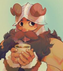 1boy bare_shoulders beard cup domesticangel dungeon_meshi dwarf eyelashes facial_hair fake_horns helmet highres holding holding_cup horned_helmet horns light_blush long_beard male_focus muscular muscular_male mustache senshi_(dungeon_meshi) sideways_glance solo steam thick_mustache upper_body very_long_beard