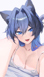 1girl :d absurdres animal_ear_fluff animal_ears blue_eyes blue_hair breasts camisole cat_ears cat_tail cleavage colored_inner_hair commentary double-parted_bangs fang hair_between_eyes hair_intakes highres hololive hololive_english large_breasts long_hair looking_at_viewer lying multicolored_hair on_stomach open_mouth ouro_kronii reaching reaching_towards_viewer simple_background skin_fang smile solo symbol-only_commentary tail virtual_youtuber white_background white_camisole wolf_cut yoellim5