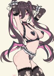 1girl absurdres areola_slip arm_ribbon armband armpits arms_up black_gloves black_panties black_pasties black_ribbon black_thighhighs black_wings blush breasts brown_hair chest_harness clothing_cutout collarbone commentary coubalty covered_erect_nipples demon_wings earrings elbow_gloves english_commentary frilled_armband frills gloves hair_between_eyes hair_ornament hairclip harness heart heart-shaped_mole heart_cutout heart_hair_ornament heart_pasties highres hoop_earrings jewelry lace lace-trimmed_gloves lace-trimmed_thighhighs lace_trim large_breasts long_hair mole mole_on_thigh mole_under_eye multicolored_hair navel navel_piercing o-ring o-ring_thigh_strap original panties parted_lips pasties piercing pink_eyes pink_hair pink_lips pink_wings pointy_ears ribbon shiny_skin signature simple_background solo stomach streaked_hair thigh_strap thighhighs thighs torn_clothes torn_gloves torn_thighhighs twintails two-tone_hair two-tone_wings underwear white_background wings