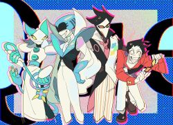 2boys 2girls ^_^ black_hair blue_border border cable cable_tail closed_eyes deltarune facing_viewer feet_out_of_frame film_grain furry furry_female furry_male grin hand_on_own_hip holding holding_cable holding_removed_eyewear humanoid_robot jacket mechanical_tail multiple_boys multiple_girls outside_border pants queen_(deltarune) red_jacket robot short_hair smile spamton_g._spamton standing sunglasses swatchling_(deltarune) tail tasque_manager unworn_eyewear white_pants yaksa_del