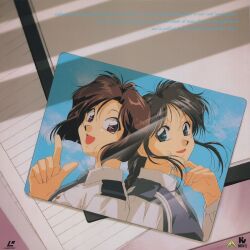 2girls absurdres black_hair blue_eyes brown_eyes brown_hair highres kobayakawa_miyuki multiple_girls official_art open_mouth picture_frame police police_uniform policewoman scan short_hair sky taiho_shichauzo tsujimoto_natsumi