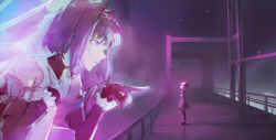 Rule 34 | 2girls, black hair, blade runner (series), blade runner 2049, blonde hair, bridge, commentary, cyberpunk, detective, dino (dinoartforame), english commentary, from side, giant, giantess, goslingposting (meme), hair intakes, highres, hologram, hololive, hololive english, looking at another, looking down, looking up, multiple girls, on one knee, ouro kronii, outdoors, parody, parted lips, pointing, profile, scenery, short hair, size difference, virtual youtuber, watson amelia