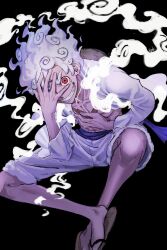 Rule 34 | 1boy, absurdres, black background, commentary request, gear fifth, hagoromo, hat, highres, looking at viewer, male focus, monkey d. luffy, one piece, open clothes, open shirt, purple sash, red eyes, rokurnshu003, sandals, sash, scar, scar on chest, scar on face, shawl, shirt, shorts, simple background, smile, solo, straw hat, thick eyebrows, white hair, white shirt, white shorts