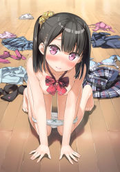 1girl 3: absurdres all_fours barefoot black_hair blue_bra blush bow bow_bra bow_panties bowtie bra breast_press breasts clothes_on_floor convenient_censoring feet hair_ornament hair_scrunchie highres indoors kantoku looking_at_viewer medium_breasts necktie nose_blush nude one_side_up original panties panty_pull pink_bra pink_panties purple_eyes scrunchie shirt shizuku_(kantoku) short_hair skirt socks solo striped_bra striped_clothes underwear unworn_bra unworn_clothes unworn_necktie unworn_panties unworn_shirt unworn_skirt unworn_socks vertical-striped_bra vertical-striped_clothes white_panties yellow_scrunchie