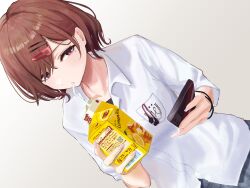 1girl brown_hair carton cellphone collarbone commentary_request drinking drinking_straw dutch_angle grey_skirt highres higuchi_madoka holding holding_phone idolmaster idolmaster_shiny_colors kuro_fjmy lipton mole mole_under_eye open_collar phone red_eyes school_uniform shirt short_hair simple_background skirt solo upper_body white_background white_shirt