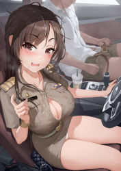 1boy 1girl after_fellatio bag bare_legs belt blush boxers bra bra_peek breasts brown_eyes brown_hair car_interior cleavage clothes_lift collared_shirt cum cum_on_clothes cum_on_hair dressing drink drinking_straw driving gao_(gaolukchup) handbag head_out_of_frame highres large_breasts long_hair male_underwear open_mouth original panties panty_peek partially_unbuttoned shirt short_sleeves sitting skirt skirt_lift solo_focus steering_wheel stray_pubic_hair teacher teeth thighs underwear upper_teeth_only watch watermark white_bra white_panties white_shirt wristwatch
