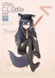 1girl absurdres animal_collar animal_ear_fluff animal_ears biohazard_symbol black_hair black_pantyhose black_shirt black_skirt black_tail cat_girl character_name collar collared_shirt commentary dutch_flag english_commentary english_text fang feet flag full_body glitch gradient_background hair_ornament hand_up highres holding holding_leash jerry_wang leash long_hair long_sleeves necktie one_eye_closed open_mouth orange_necktie original pantyhose pleated_skirt shirt sidelocks simple_background sitting skin_fang skirt sleeves_past_wrists soles solo tail tearing_up tie_clip torn_clothes torn_pantyhose