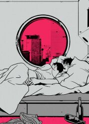 2boys akira_(manga) bed bottle city closed_eyes commentary couple drops_bkr english_commentary highres indoors kaneda_shoutarou_(akira) limited_palette male_focus multiple_boys open_mouth pillow shima_tetsuo shoes short_hair sleeping tank_top teeth under_covers unworn_shoes upper_teeth_only window yaoi