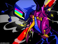 Rule 34 | 1boy, ant tenna, belt buckle, buckle, cable, cowboy shot, crt, deltarune, haiyang shengwu, highres, humanoid robot, jacket, male focus, mechabare, missing limb, necktie, object head, red jacket, robot, shirt, solo, spoilers, torn clothes, torn jacket, twitter username, white shirt, yellow necktie