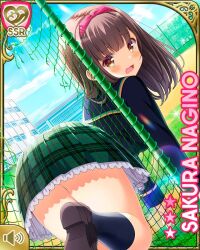 1girl :o all_fours ass blazer blue_jacket bow breasts brown_eyes brown_hair card_(medium) day girlfriend_(kari) green_skirt hair_bow jacket large_breasts medium_hair nagino_sakura net official_art open_clothes open_jacket open_mouth outdoors plaid_clothes plaid_skirt qp:flapper school_uniform shirt shoes skirt soccer_field socks solo tagme white_shirt