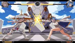 2girls absurdres admire_(nikke) armored_bodysuit blue_hair cannon coat coat_on_shoulders goddess_of_victory:_nikke hat helm_(nikke) highres jingasa large_hat machinery multiple_girls naval_jacket scarlet_(nikke) ship ship_turret sugiyamasama translation_request watercraft
