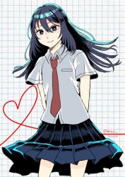Rule 34 | 1girl, arms behind back, black eyes, black hair, black skirt, breast pocket, bright pupils, closed mouth, collared shirt, commentary, cowboy shot, dress shirt, futsuu no keion-bu, grid background, hair between eyes, heart, heart of string, highres, kameya san, long hair, mi3aki 72kaka9, mole, mole on cheek, mole under eye, mole under mouth, necktie, pleated skirt, pocket, red necktie, shirt, short sleeves, skirt, smile, solo, standing, summer uniform, twitter username, untucked shirt, white pupils, white shirt, wing collar