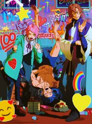 Rule 34 | 100 points emoji, 3boys, :d, ^ ^, ahoge, amemura ramuda, ankle boots, aqua jacket, arisugawa dice, arrow through heart, barefoot, black capelet, black male underwear, black pants, black shirt, black shoes, blood, blue hair, book, book stack, boots, boxers, brown hair, can, candy, capelet, capri pants, closed eyes, cocked eyebrow, collarbone, collared shirt, colorful, cowlick, crossed bangs, crumpled paper, curtained hair, dice hair ornament, dirty, dirty feet, drink can, drooling, emoji, energy drink, facing viewer, fang, fingernails, fire, fling posse, food, foot up, fruit, graffiti, green eyes, grin, groin, groin tendon, hair ornament, hakama, hakama pants, hand on own arm, hand on own stomach, hand up, heart, high collar, highres, holding, holding candy, holding food, hood, hooded jacket, hypnosis mic, iria59, jacket, japanese clothes, kimono, lace-up boots, leaning forward, legs up, long sleeves, looking at viewer, lower teeth only, lying, male focus, male underwear, medium hair, multiple boys, neck ribbon, nipples, on back, one eye closed, open clothes, open jacket, open mouth, outstretched arm, pants, parted hair, pectorals, pile of trash, pink eyes, pink hair, rainbow emoji, raised eyebrows, red ribbon, ribbon, saturated, shirt, shoe print, shoes, short hair, short hair with long locks, sidelighting, smile, smiling face with hearts emoji, spade (shape), standing, standing on one leg, star (symbol), strawberry, swept bangs, teeth, toenails, topless male, trash bag, underwear, w, waving, white kimono, wide sleeves, yumeno gentaro
