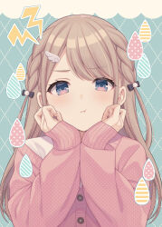 1girl angel_wings aqua_background black_bow blue_eyes blush bow braid brown_hair buttons cardigan closed_mouth cloud diagonal_stripes dot_nose fingernails hair_behind_ear hair_bow hair_ornament hands_on_own_face highres long_hair long_sleeves looking_at_viewer multicolored_background original pink_cardigan polka_dot pom_pom_(clothes) pout shiromikan shirt sleeves_past_wrists solo striped swept_bangs twin_braids v-shaped_eyebrows water_drop white_shirt white_wings wing_hair_ornament wings